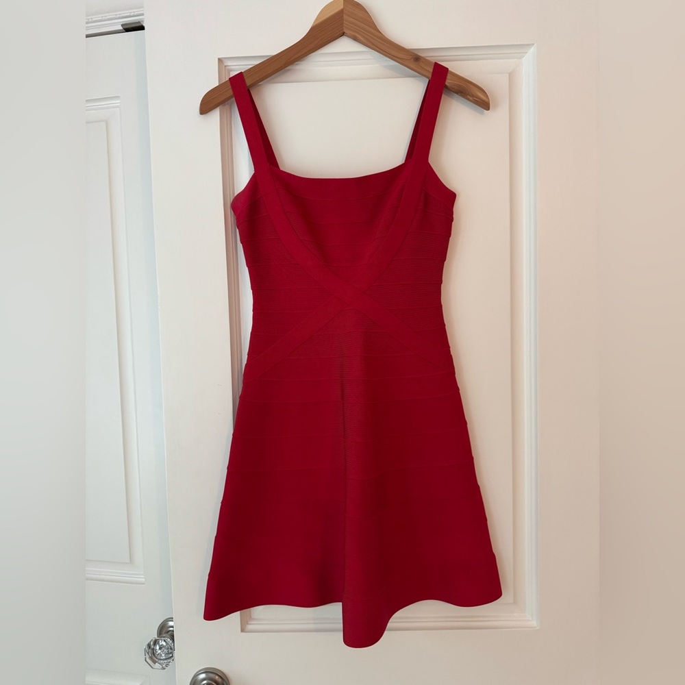 Herve Leger red bandage mini dress. Note: Shoulder straps have been adjusted